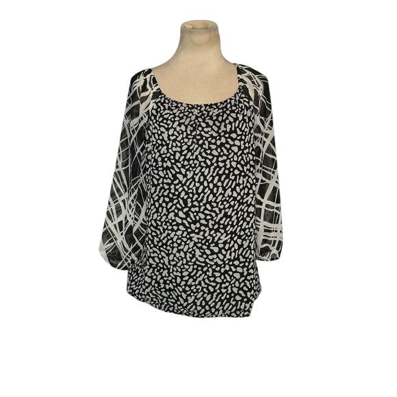 Ann Taylor black white print 3/4 sleeves tunic blouse size Small - Picture 1 of 13